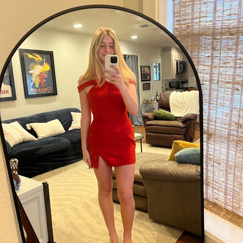 BCBGMaxAzria Red Mini Bodycon Dress with Ruching and Off the Shoulder Neckline